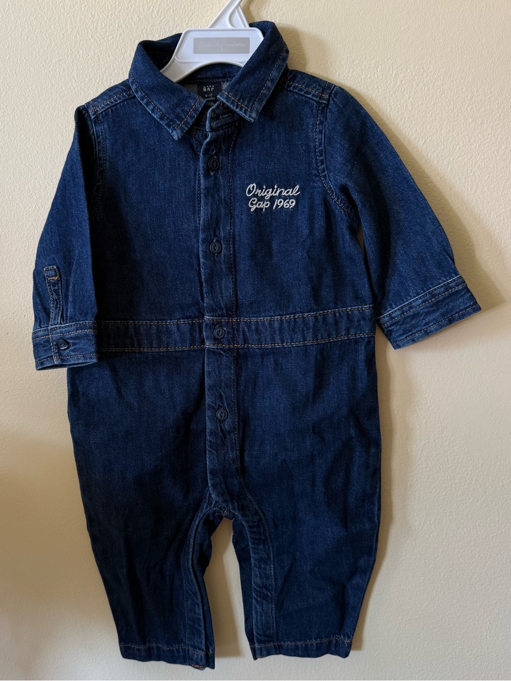 GAP Dark Blue Denim Romper with 'Original Gap 1969' Embroidery